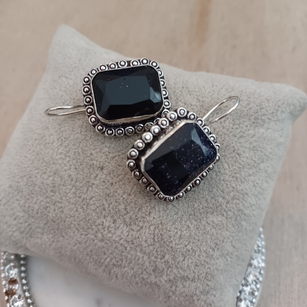 Blue Goldstone Square Earrings - Picture 2 of 7